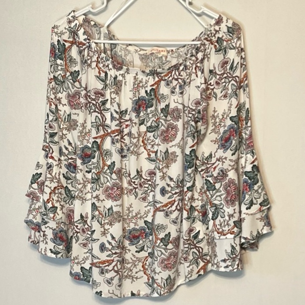 Solitaire Off The Shoulder Womens Sz M Floral Boho Peasant Hippie Top Blouse.